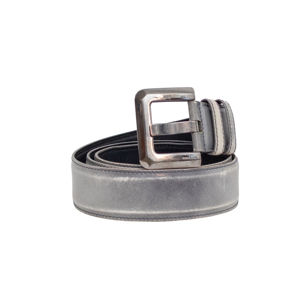Prada Grey Distressed Leather Belt Italy Silver Buckle 1C 4907 Size 100/40